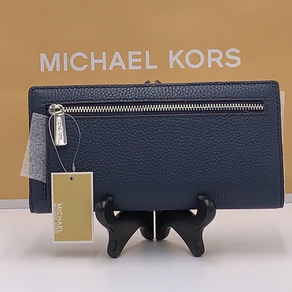 Michael Kors Reed Large Bifold Pebbled Leather Snap Wallet Card Case Navy NWT - Picture 9 of 12